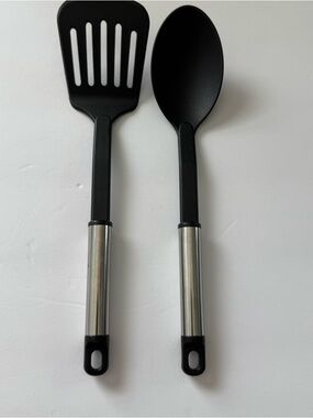 Black Nylon Slotted Turner and Spoon Set with Stainless Accents